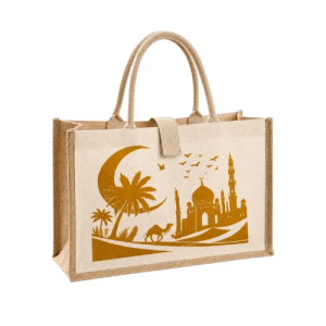 Festive Ramadan and Eid Special Natural Jute Shopping Bag with Mosque and Crescent Moon Print