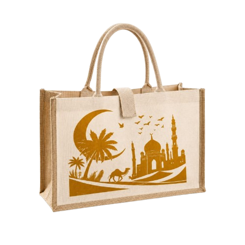 Festive Ramadan and Eid Special Natural Jute Shopping Bag with Mosque and Crescent Moon Print