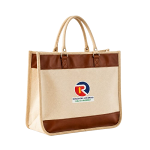Premium Jute Tote Bag with Brown Leatherette Accent and Brand Logo