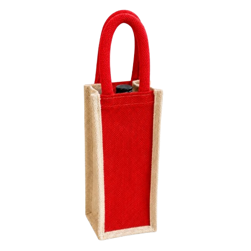 Reusable Natural Jute Bottle Carrier Bag Featuring Bright Red Accents