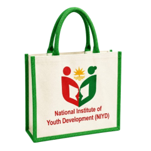 Custom Printed Natural Jute Shopping Bag Featuring Green Trim and NIYD Logo Branding