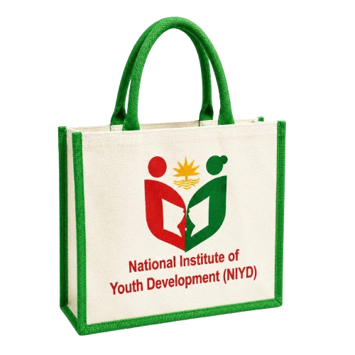 Custom Printed Natural Jute Shopping Bag Featuring Green Trim and NIYD Logo Branding