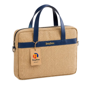 Professional Eco-Friendly Jute Laptop Sleeve Bag Featuring Navy Blue Leatherette Accents and Brand Logo