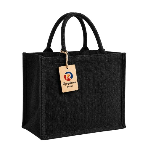 Premium Solid Black Eco-Friendly Jute Shopping Bag Featuring Signature