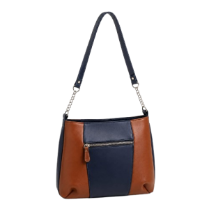 Sophisticated Navy Blue and Brown Color-Blocked Handbag with Metallic Chain Strap Links