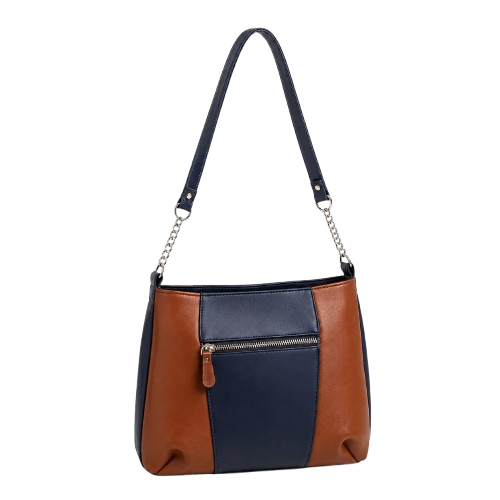 Sophisticated Navy Blue and Brown Color-Blocked Handbag with Metallic Chain Strap Links