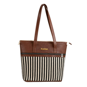 Chic Black and White Vertical Striped Tote Bag Featuring Brown Leatherette Top and Golden Rongdhonu Logo