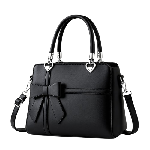 Chic Black Handbag and Crossbody Bag Featuring a Side Bow and Heart-Shaped Metal Rings